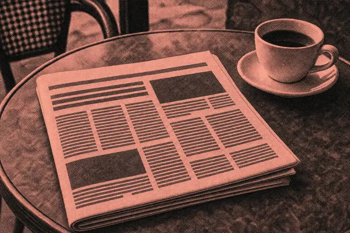 Avistryk: en foldet avis med kolonner af mørke streger ved siden af en kop kaffe